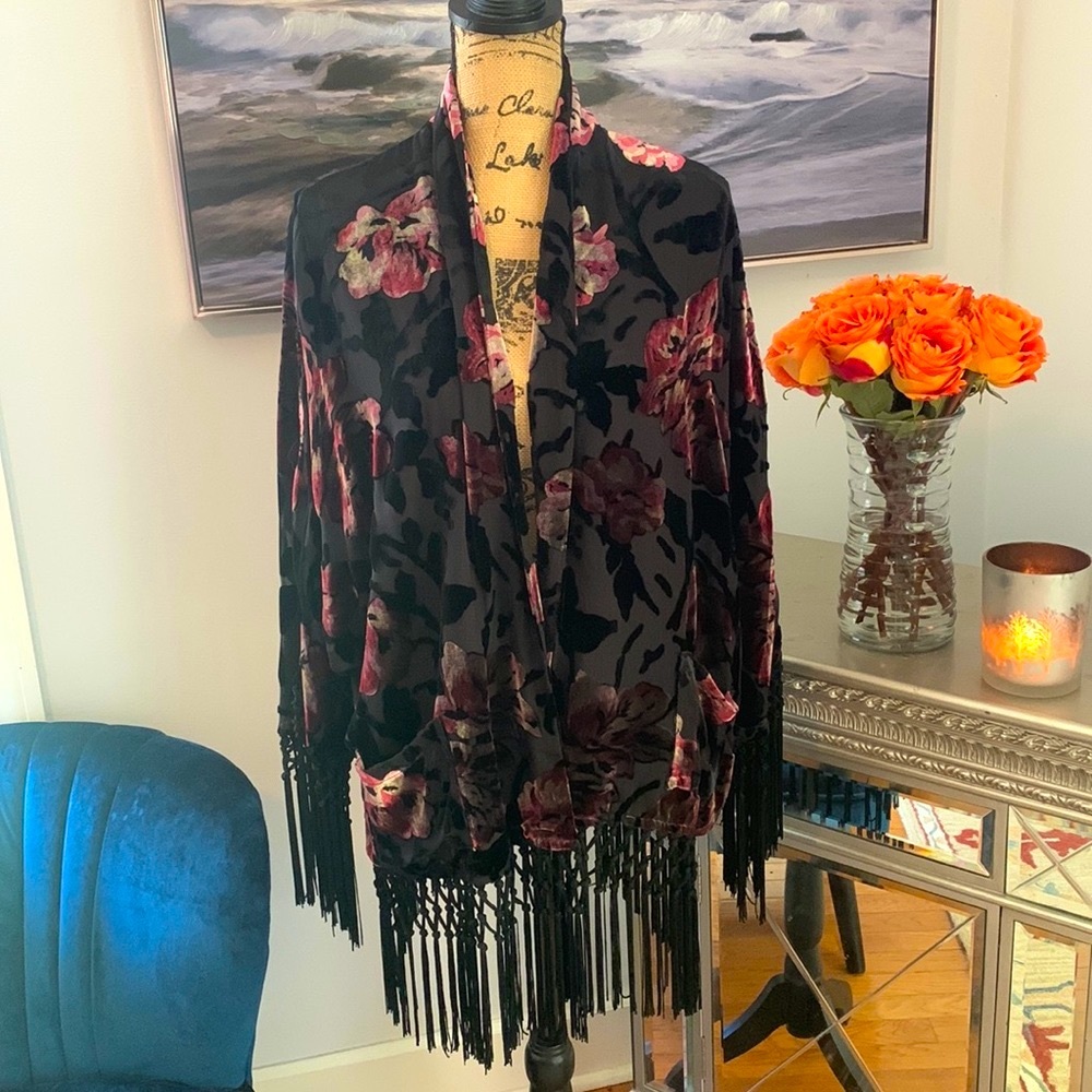 THE KOOPLES Velvet Silk Floral Fringe black purple pink $368 Kimono Jacket M S